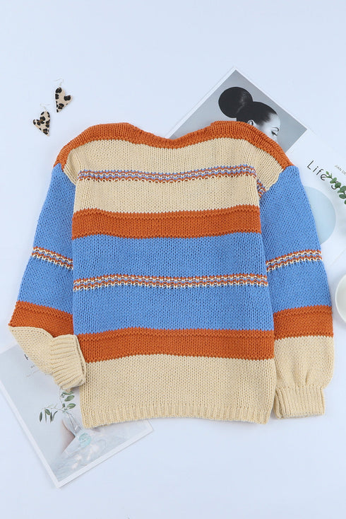 V-Neck Knitted Lantern Sleeve Pullover Sweater